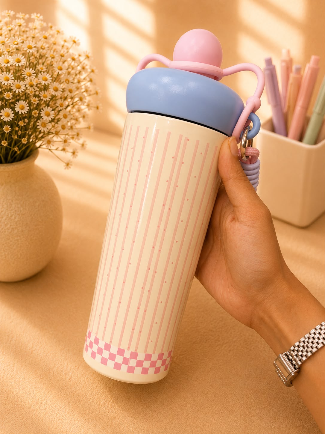Cute Happy Puppy Insulated Stainless Steel Water Bottle with Straw | Leakproof Vacuum Flask | Hot & Cold Tumbler