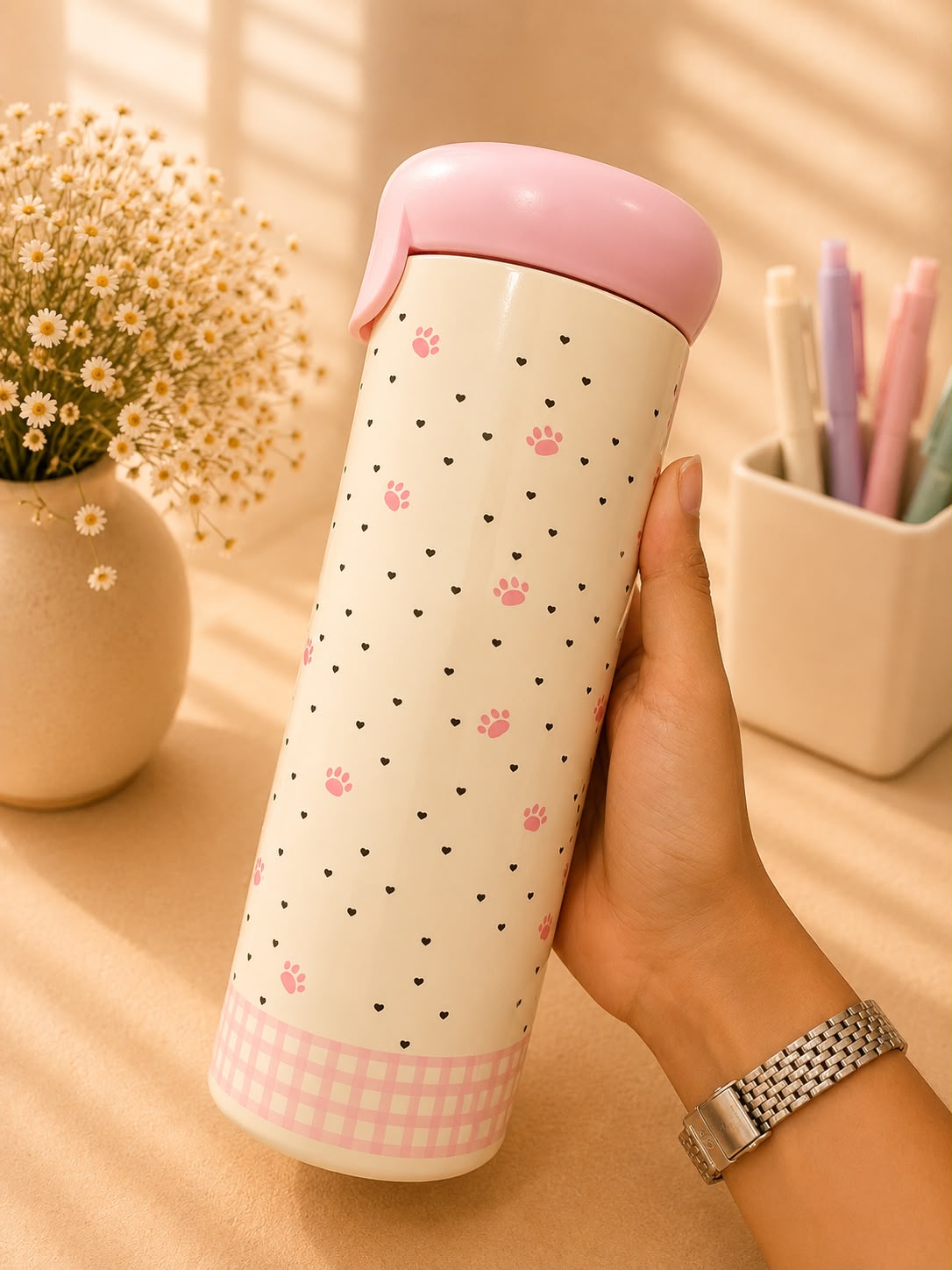 Cute Black Cat Insulated Stainless Steel Water Bottle with Straw | Leakproof Vacuum Flask | Hot & Cold Tumbler
