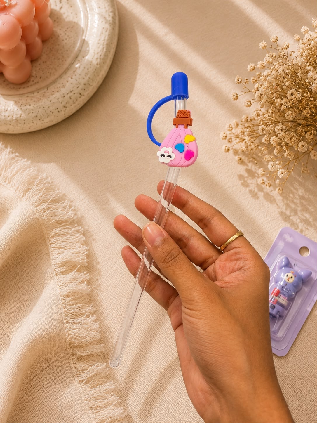 Cute Glass Straw Set with Silicone Charms | Reusable Eco-Friendly Drinking Straws