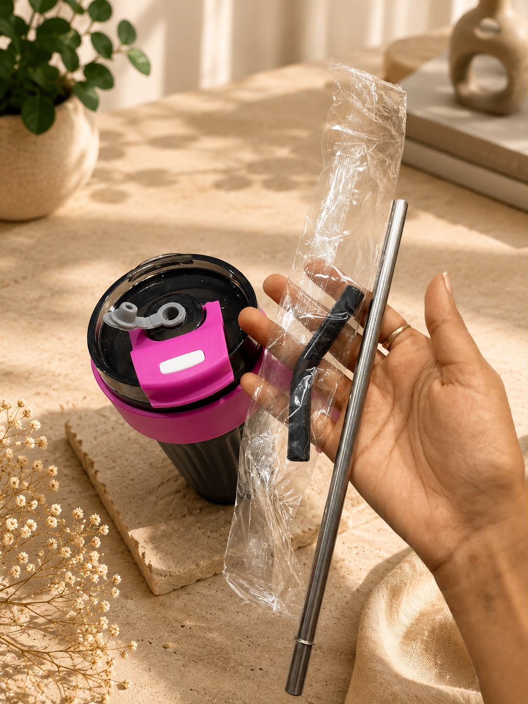 Premium 900ml Leakproof Vacuum Insulated Travel Mug with Handle, Steel Straw & Straw Attachment – Black & Magenta