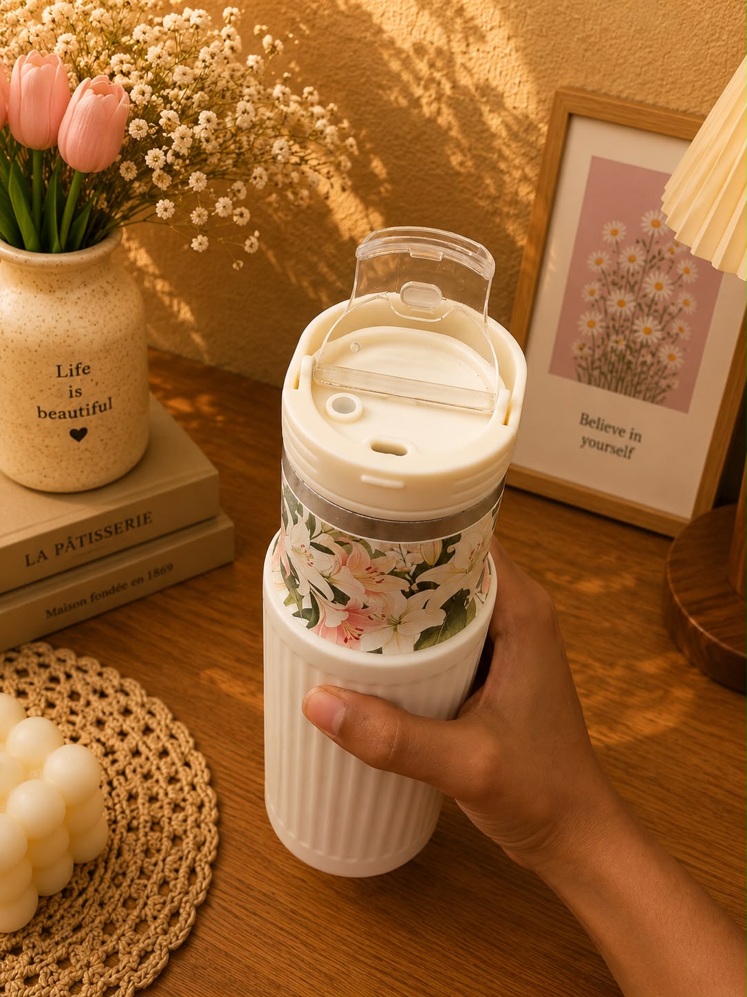 750ml Premium Vacuum Insulated Stainless Steel Water Bottle with Handle | Leak-Proof Floral White Travel Flask | Hot & Cold Bottle
