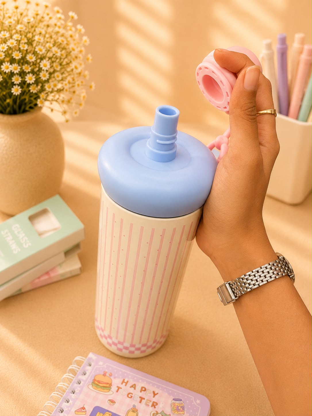 Cute Happy Puppy Insulated Stainless Steel Water Bottle with Straw | Leakproof Vacuum Flask | Hot & Cold Tumbler