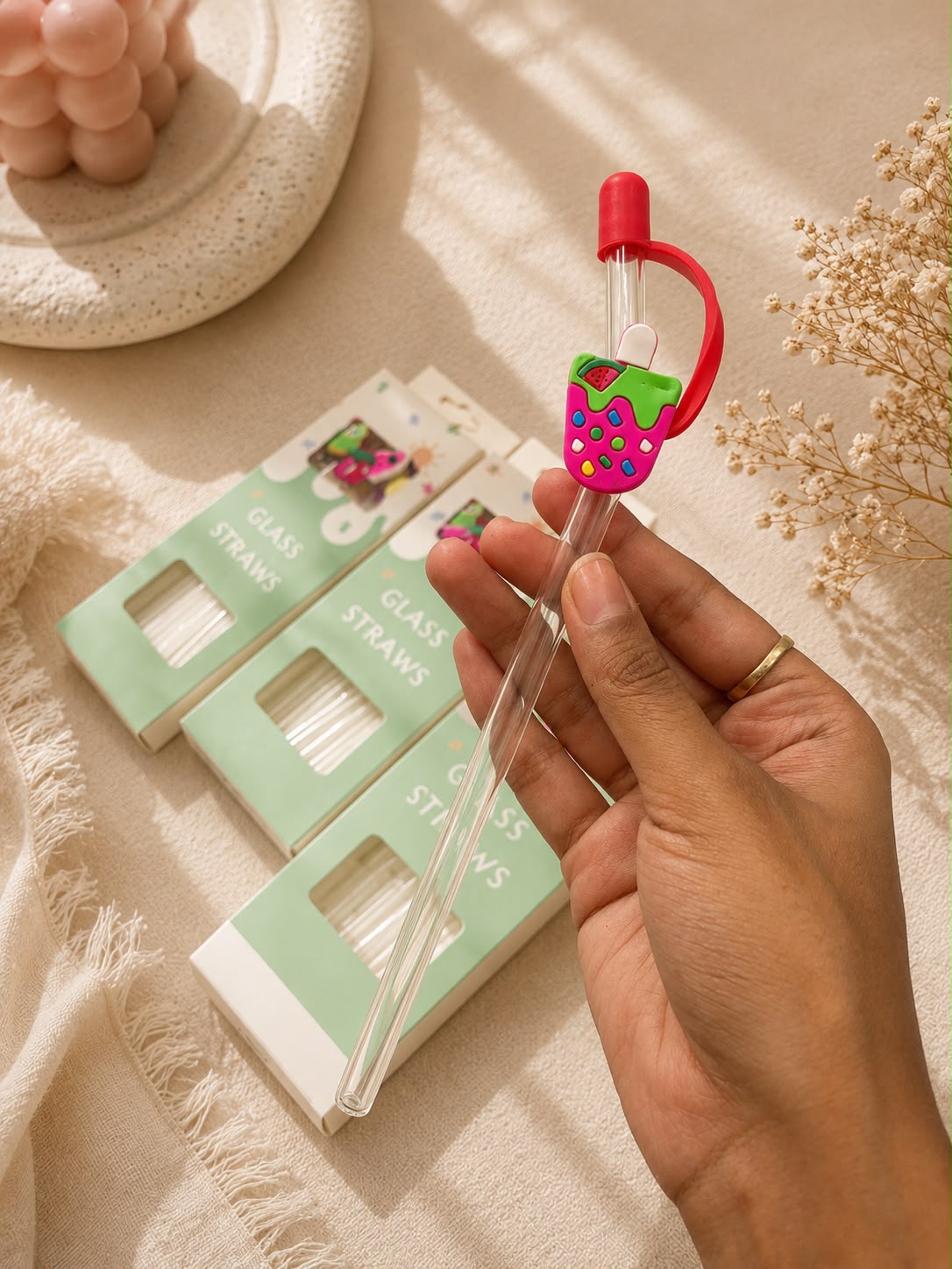 Cute Glass Straw Set with Silicone Charms | Reusable Eco-Friendly Drinking Straws