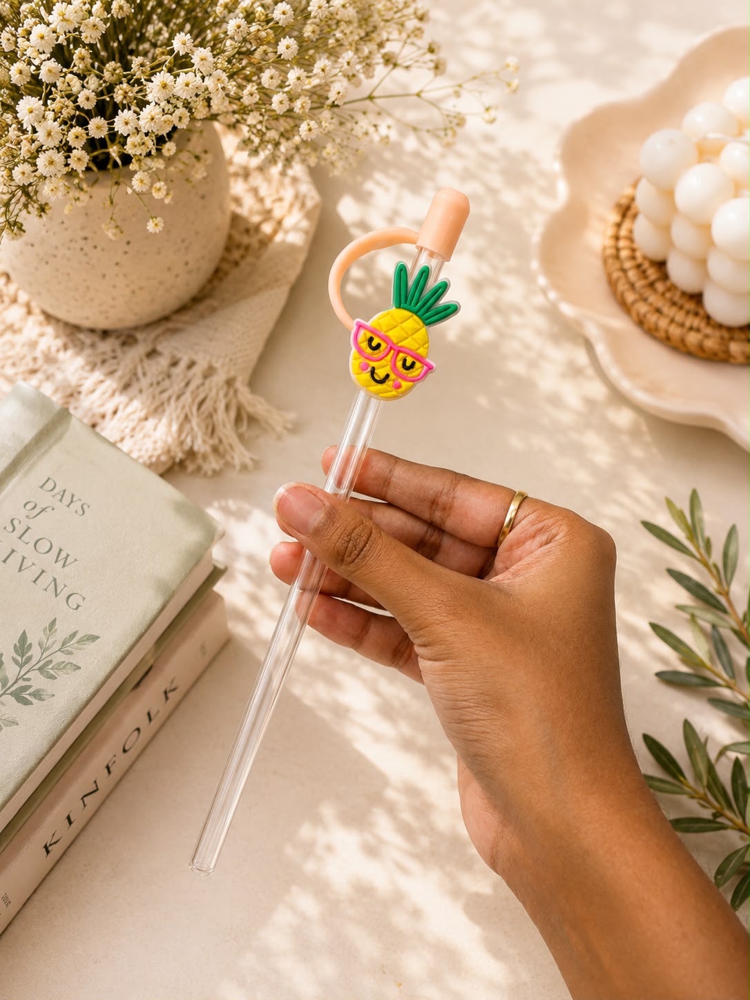 Cute Cartoon Reusable Glass Straw Set – Ice Cream, Pineapple, Candy & Makeup Designs | Borosilicate Glass | Pack of 4 or Single Piece