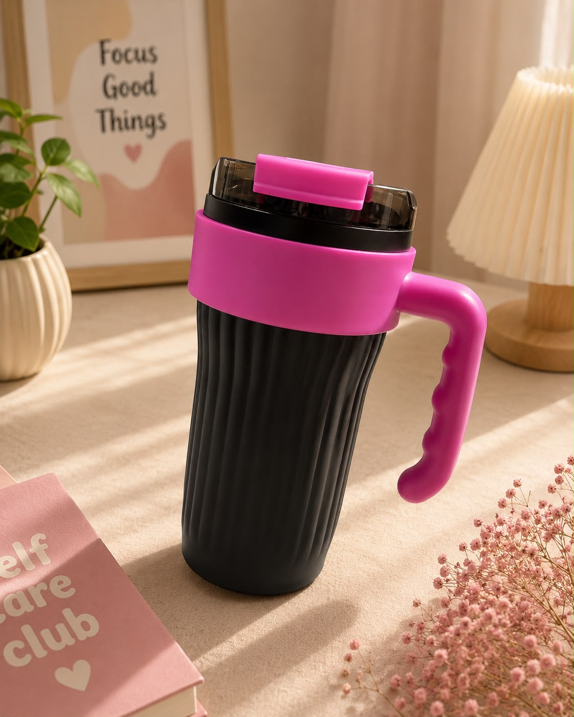 Premium 900ml Leakproof Vacuum Insulated Travel Mug with Handle, Steel Straw & Straw Attachment – Black & Magenta