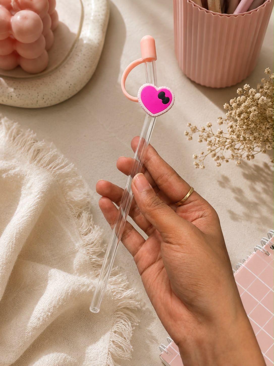 Cute Glass Straw Set with Silicone Charms | Reusable Eco-Friendly Drinking Straws