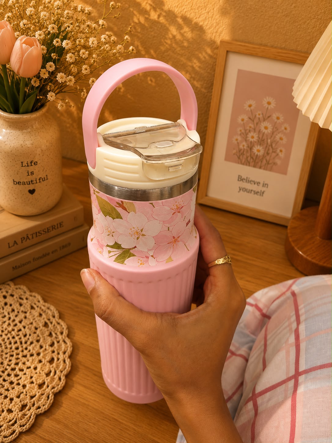 750ml Premium Vacuum Insulated Stainless Steel Water Bottle with Handle | Leak-Proof Floral Travel Flask | Hot & Cold Bottle