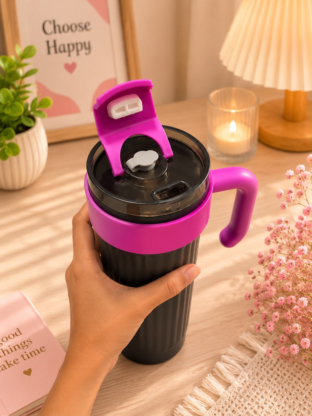 Premium 900ml Leakproof Vacuum Insulated Travel Mug with Handle, Steel Straw & Straw Attachment – Black & Magenta