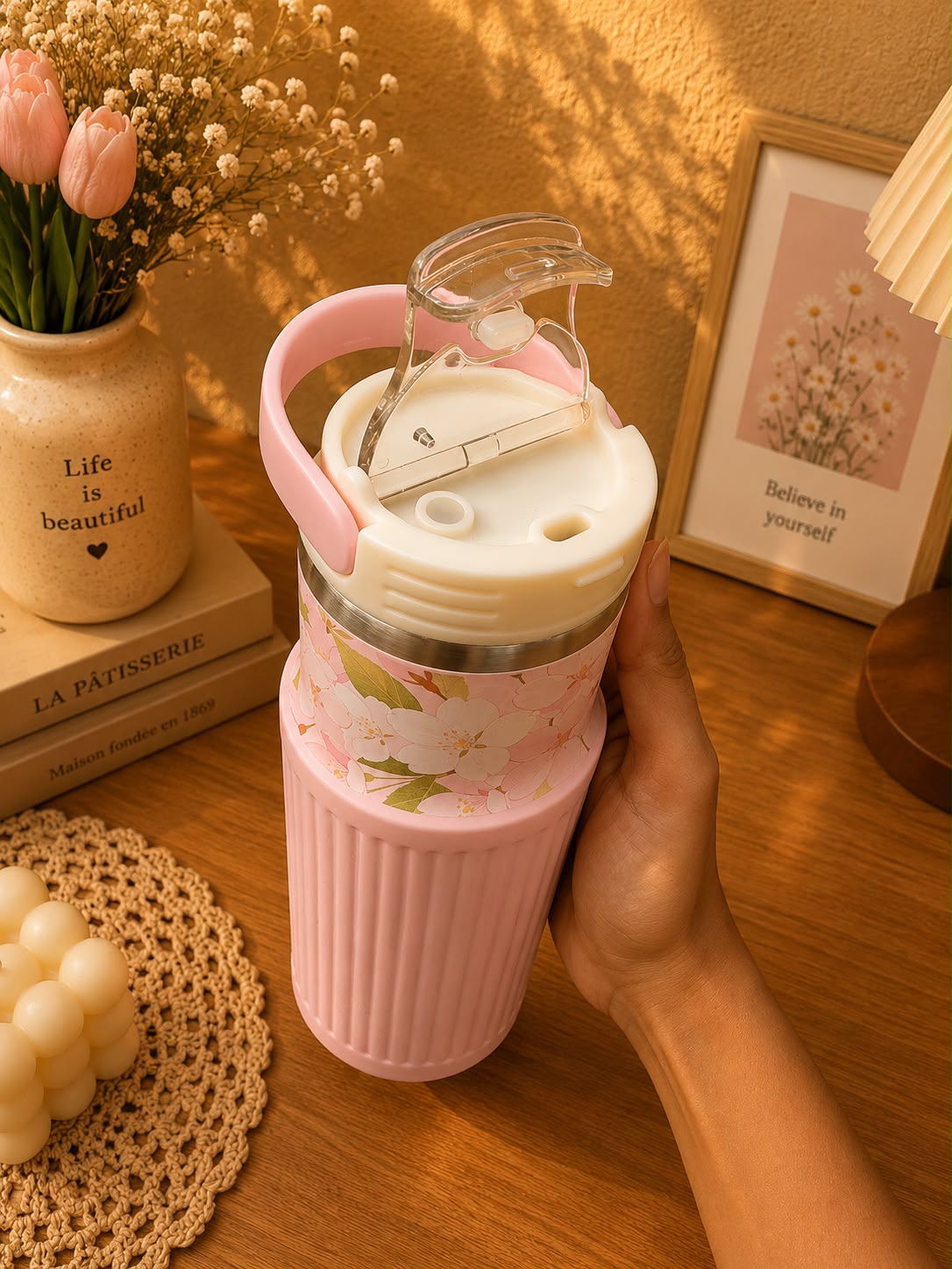 750ml Premium Vacuum Insulated Stainless Steel Water Bottle with Handle | Leak-Proof Floral Travel Flask | Hot & Cold Bottle