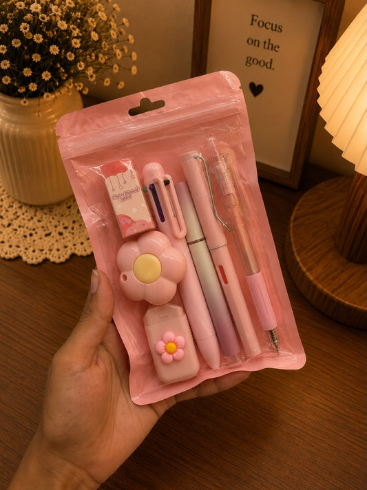Premium 7-Piece Pink Stationery Kit | Gel Pen, 4-Color Pen, Highlighter, Correction Tape, Mini Cutter & Eraser
