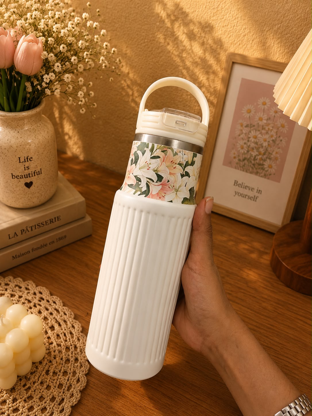 750ml Premium Vacuum Insulated Stainless Steel Water Bottle with Handle | Leak-Proof Floral White Travel Flask | Hot & Cold Bottle