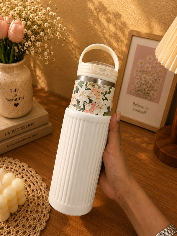 750ml Premium Vacuum Insulated Stainless Steel Water Bottle with Handle | Leak-Proof Floral White Travel Flask | Hot & Cold Bottle