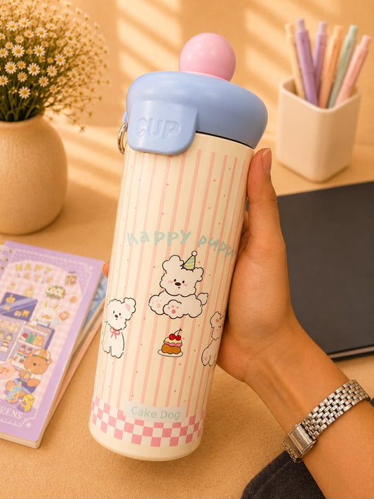 Cute Happy Puppy Insulated Stainless Steel Water Bottle with Straw | Leakproof Vacuum Flask | Hot & Cold Tumbler