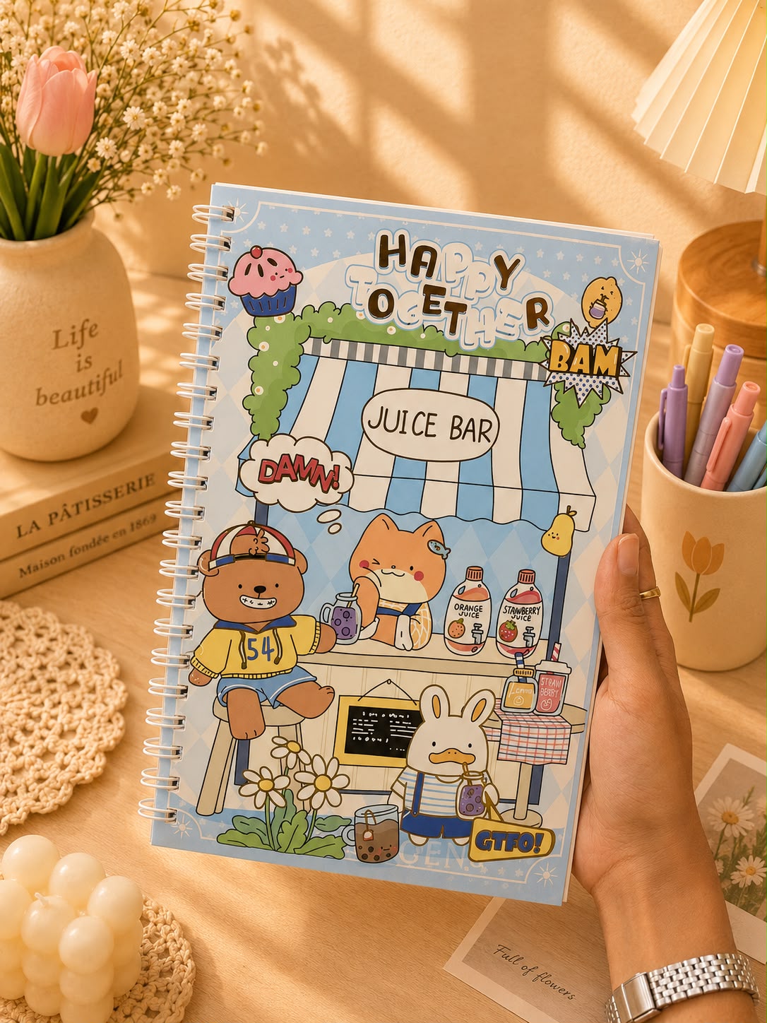 Cute A5 Spiral Notebook | Happy Together Juice Bar Edition | 145 Pages | Hardcover Ruled Journal for School, Office & Journaling