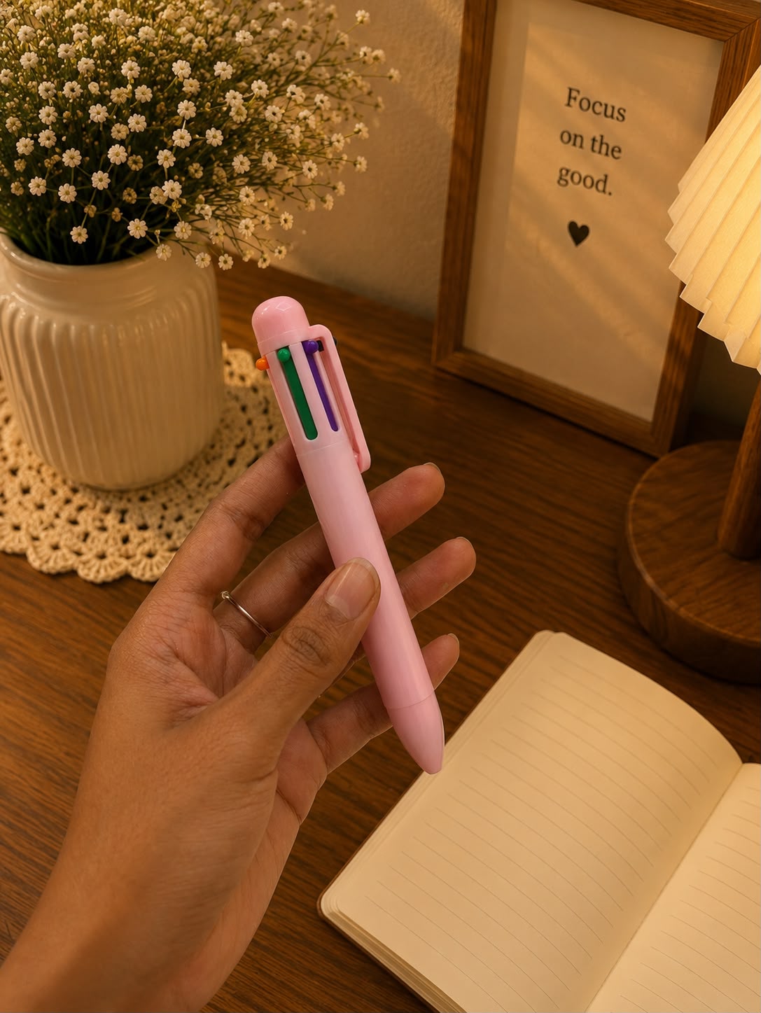 Premium 7-Piece Pink Stationery Kit | Gel Pen, 4-Color Pen, Highlighter, Correction Tape, Mini Cutter & Eraser