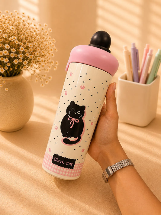 Cute Black Cat Insulated Stainless Steel Water Bottle with Straw | Leakproof Vacuum Flask | Hot & Cold Tumbler