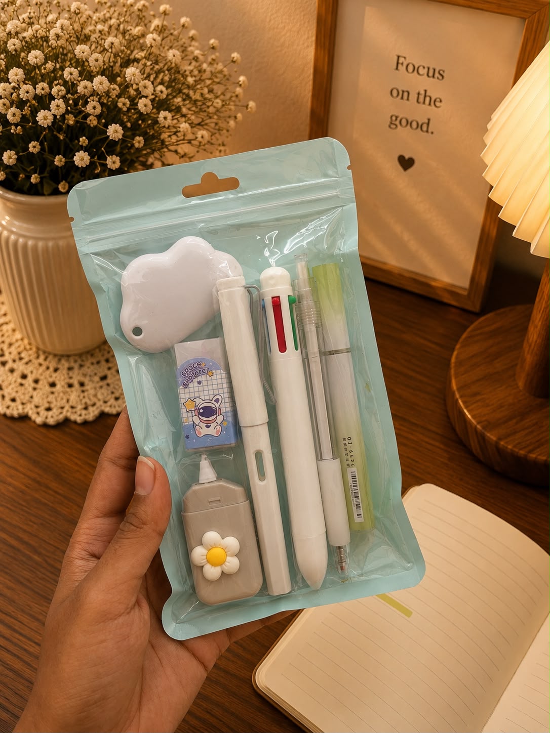 Premium 7-Piece Stationery Kit | Aesthetic Study Essentials Set with 4-Color Pen, Gel Pen, Highlighter, Correction Tape, Cutter & Eraser