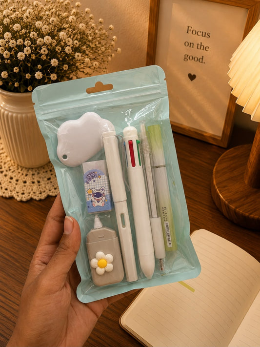 Premium 7-Piece Stationery Kit | Aesthetic Study Essentials Set with 4-Color Pen, Gel Pen, Highlighter, Correction Tape, Cutter & Eraser