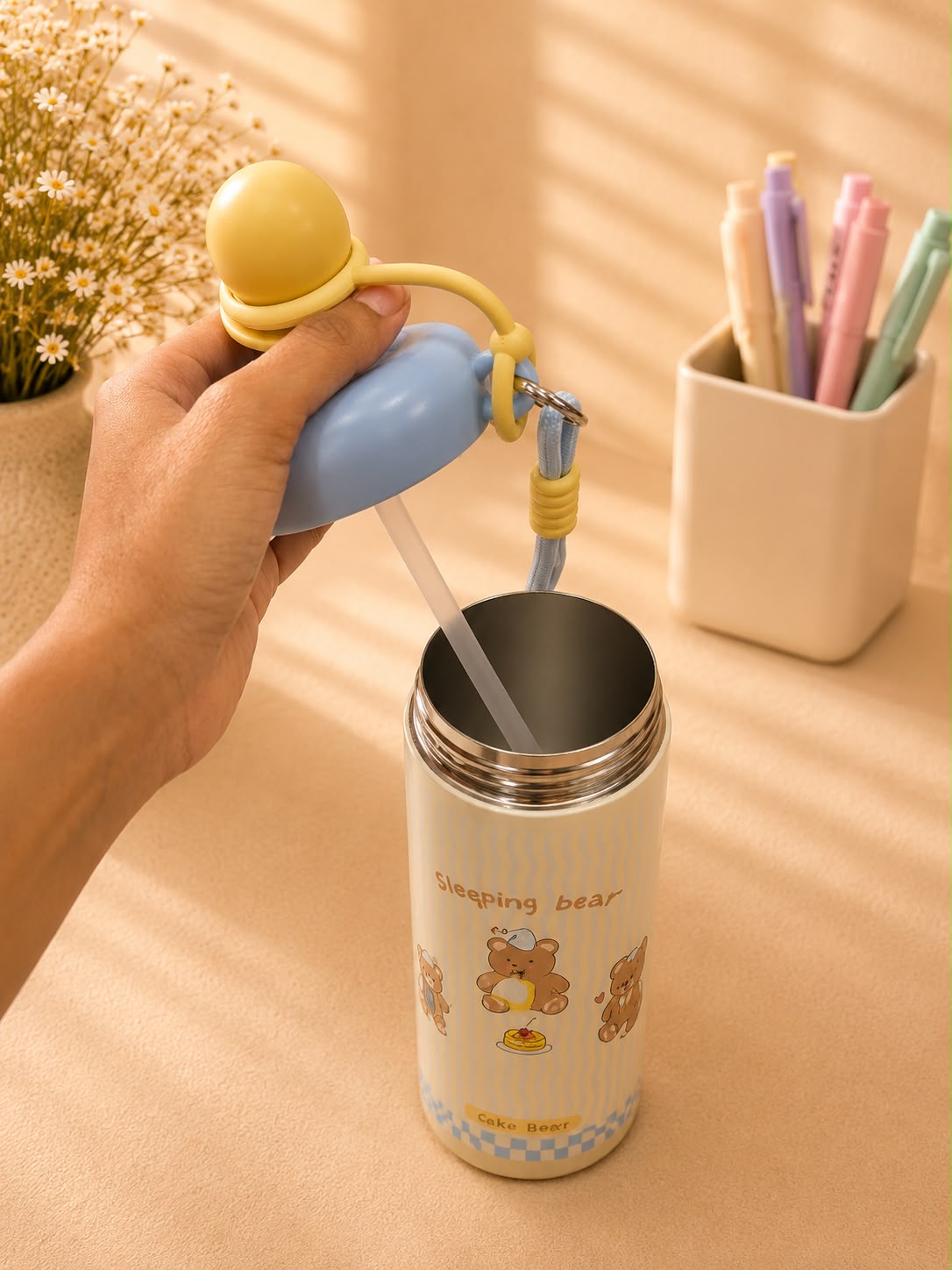 Cute Sleeping Bear Insulated Stainless Steel Water Bottle with Straw | Leakproof Vacuum Flask | Hot & Cold Tumbler