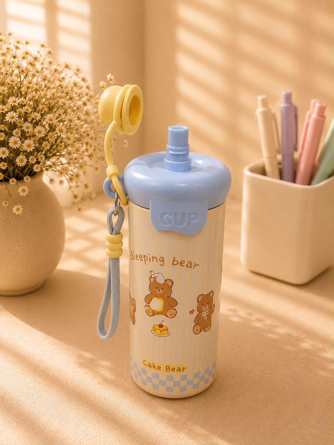 Cute Sleeping Bear Insulated Stainless Steel Water Bottle with Straw | Leakproof Vacuum Flask | Hot & Cold Tumbler
