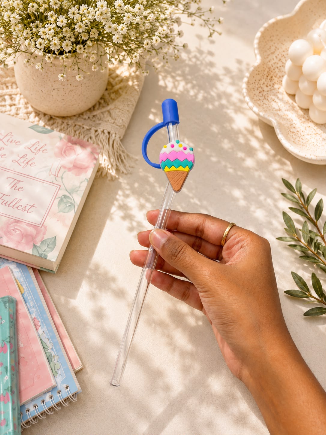 Cute Cartoon Reusable Glass Straw Set – Ice Cream, Pineapple, Candy & Makeup Designs | Borosilicate Glass | Pack of 4 or Single Piece