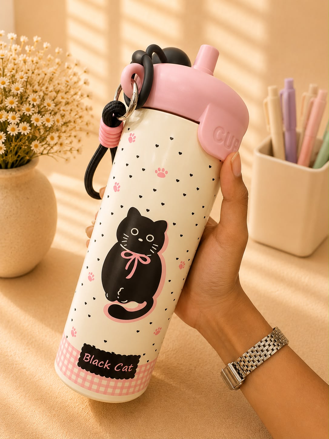 Cute Black Cat Insulated Stainless Steel Water Bottle with Straw | Leakproof Vacuum Flask | Hot & Cold Tumbler