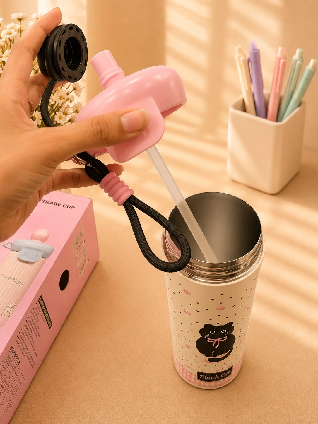 Cute Black Cat Insulated Stainless Steel Water Bottle with Straw | Leakproof Vacuum Flask | Hot & Cold Tumbler