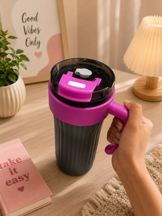 Premium 900ml Leakproof Vacuum Insulated Travel Mug with Handle, Steel Straw & Straw Attachment – Black & Magenta