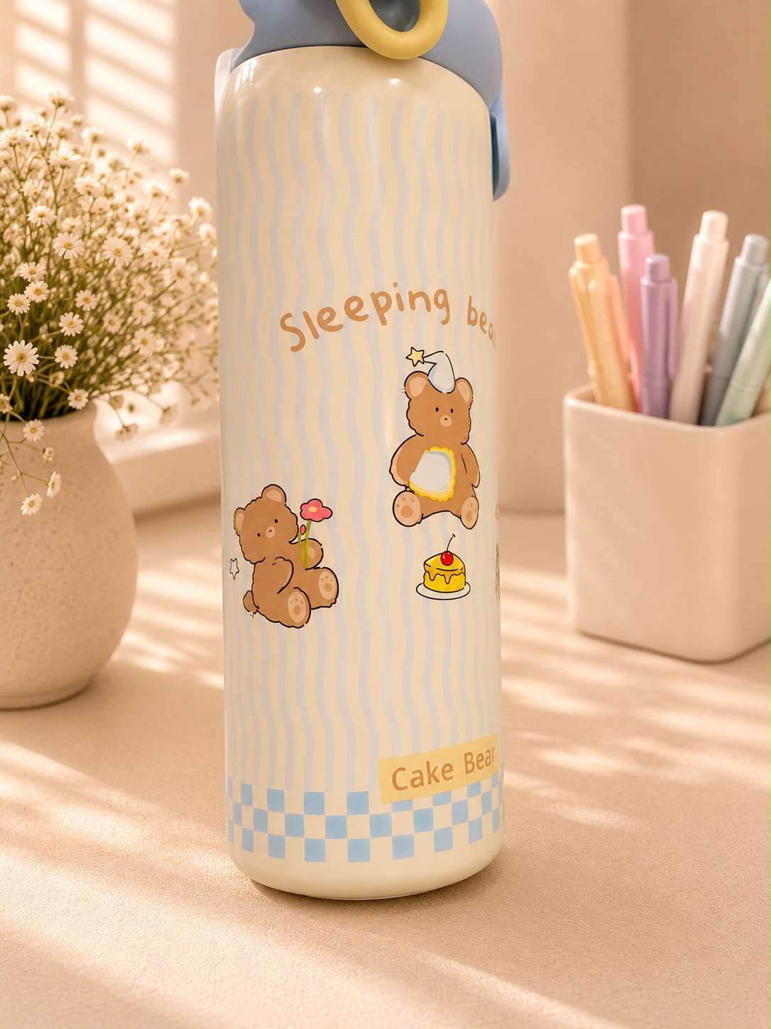 Cute Sleeping Bear Insulated Stainless Steel Water Bottle with Straw | Leakproof Vacuum Flask | Hot & Cold Tumbler