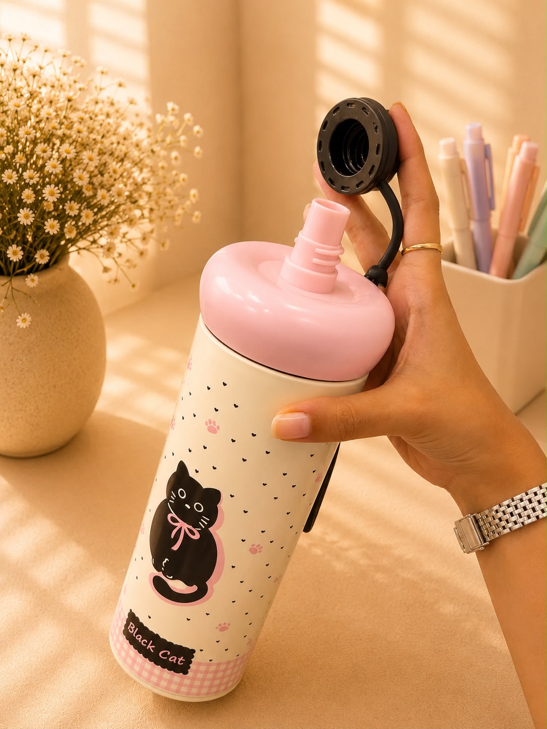Cute Black Cat Insulated Stainless Steel Water Bottle with Straw | Leakproof Vacuum Flask | Hot & Cold Tumbler