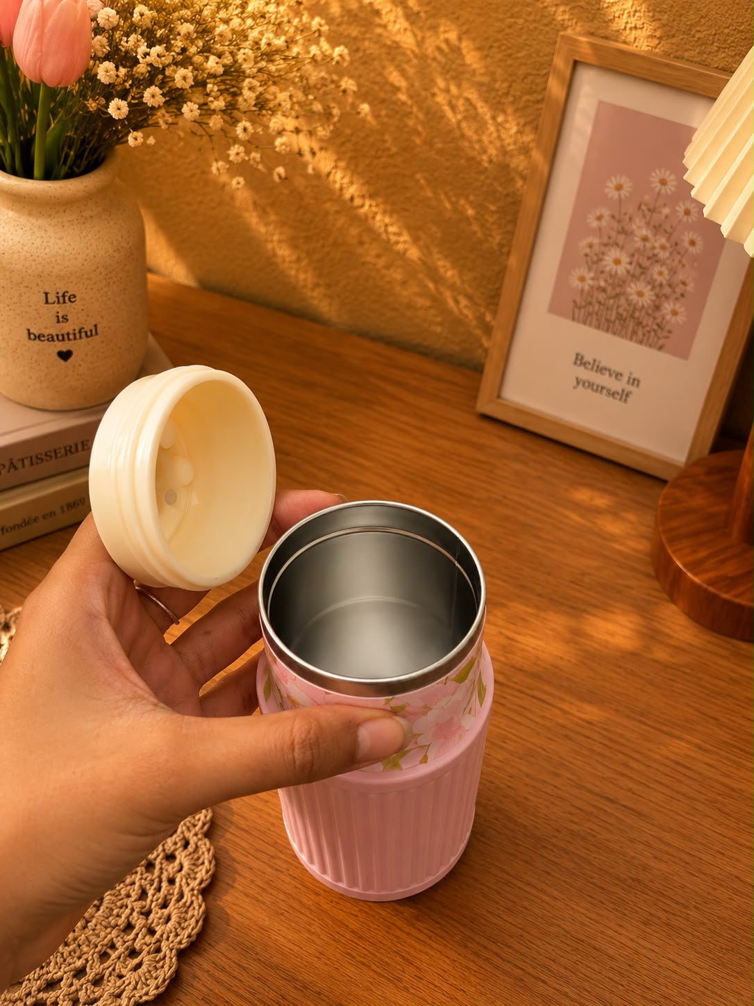 750ml Premium Vacuum Insulated Stainless Steel Water Bottle with Handle | Leak-Proof Floral Travel Flask | Hot & Cold Bottle