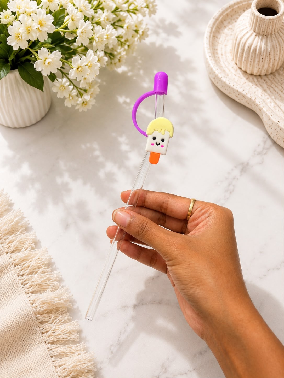 Cute Cartoon Reusable Glass Straw Set with Silicone Charms | Borosilicate Drinking Straws | Pack of 4 or Single Piece