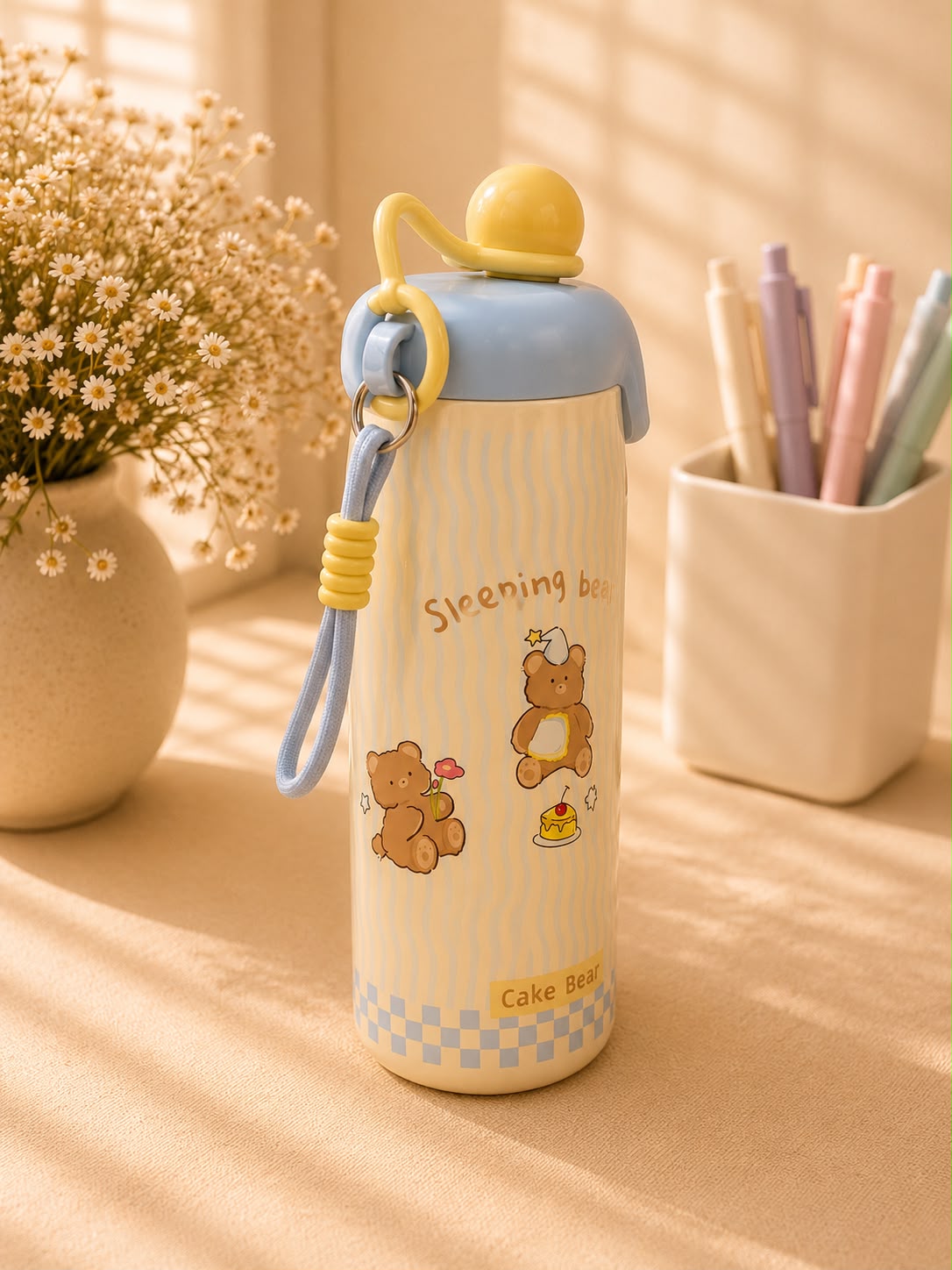 Cute Sleeping Bear Insulated Stainless Steel Water Bottle with Straw | Leakproof Vacuum Flask | Hot & Cold Tumbler