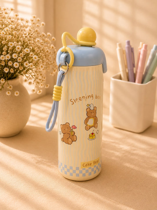 Cute Sleeping Bear Insulated Stainless Steel Water Bottle with Straw | Leakproof Vacuum Flask | Hot & Cold Tumbler