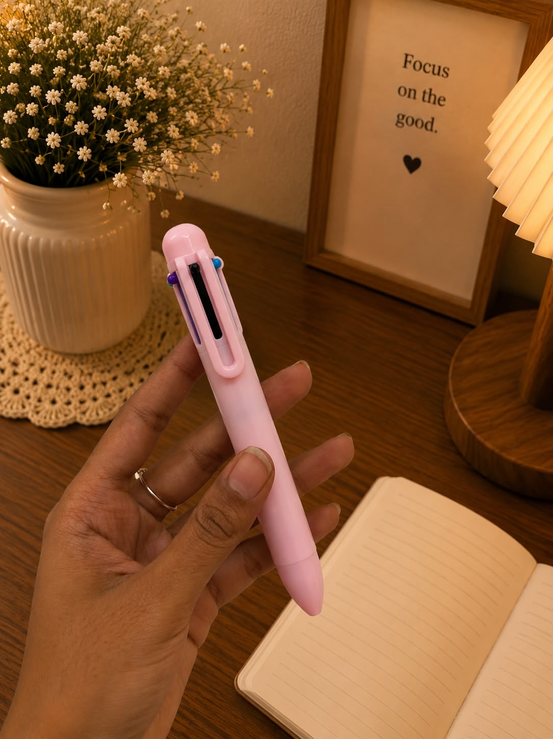Premium 7-Piece Pink Stationery Kit | Gel Pen, 4-Color Pen, Highlighter, Correction Tape, Mini Cutter & Eraser