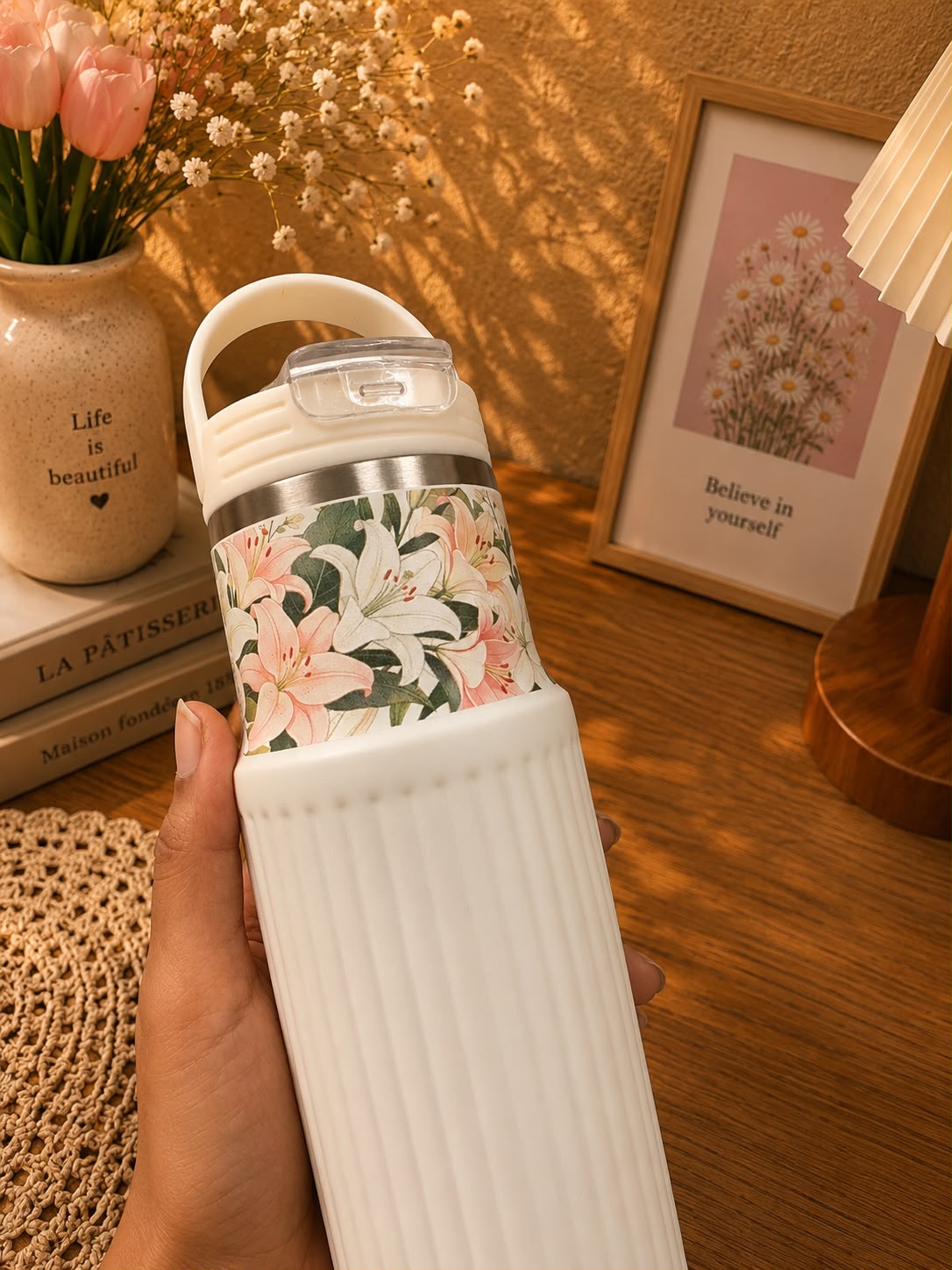 750ml Premium Vacuum Insulated Stainless Steel Water Bottle with Handle | Leak-Proof Floral White Travel Flask | Hot & Cold Bottle