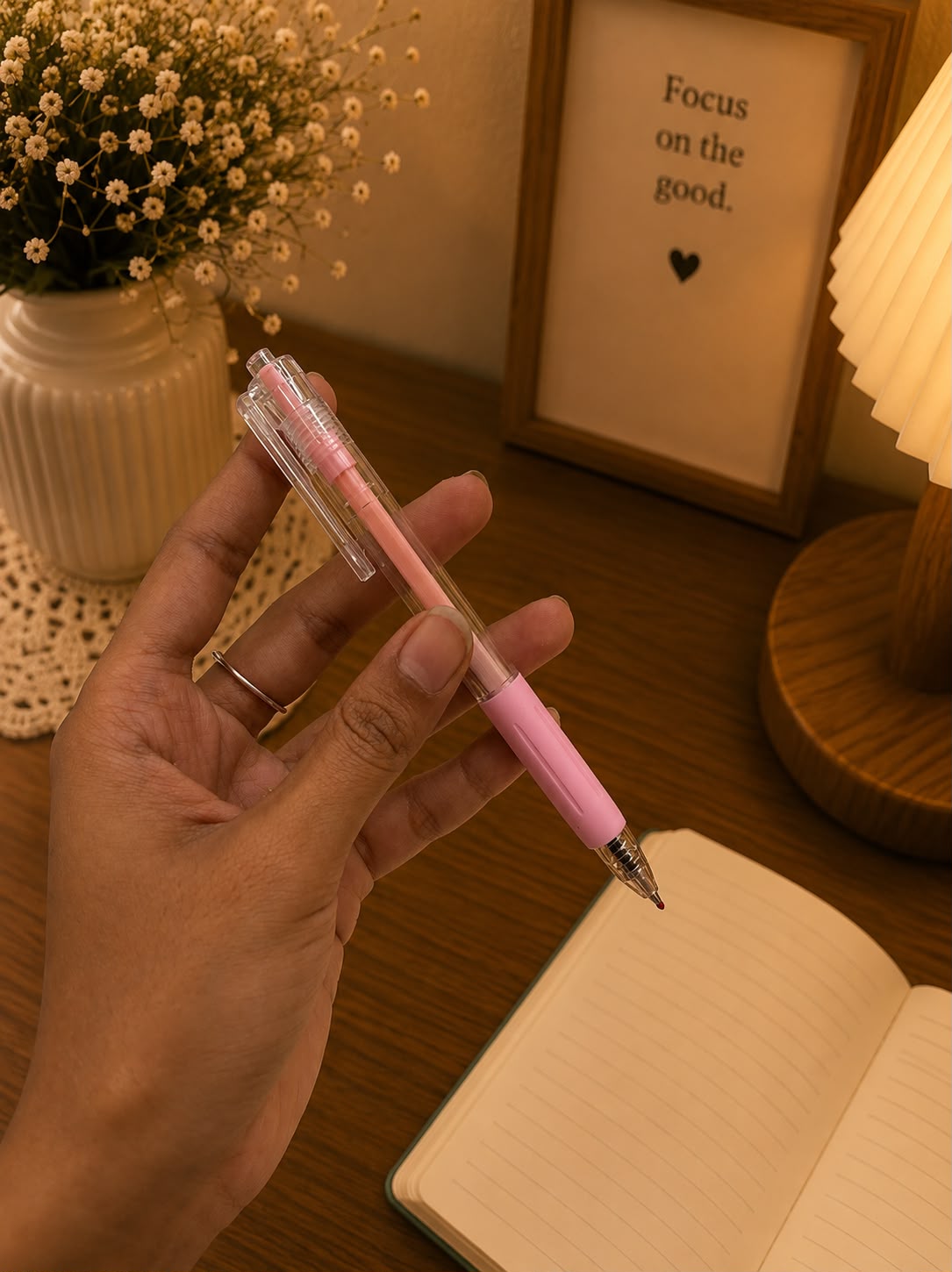 Premium 7-Piece Pink Stationery Kit | Gel Pen, 4-Color Pen, Highlighter, Correction Tape, Mini Cutter & Eraser