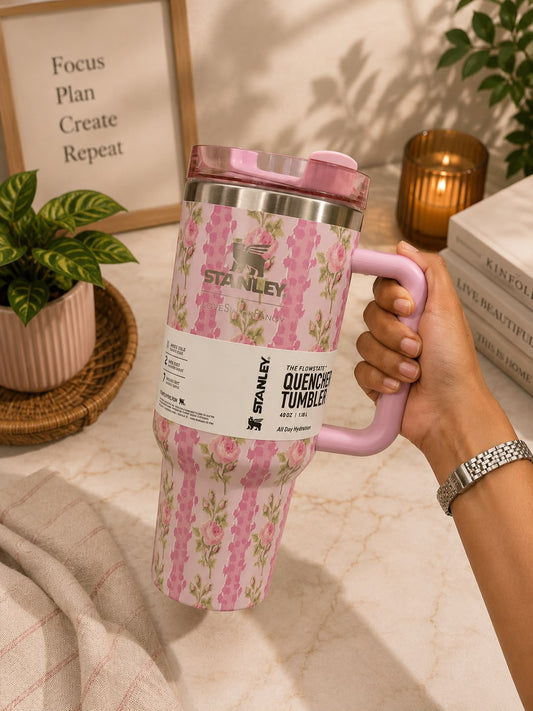 Stanley® x LoveShackFancy™ FlowState™ Quencher H2.0 Tumbler – Pink Vintage Rose Edition | 40oz (1.18L)