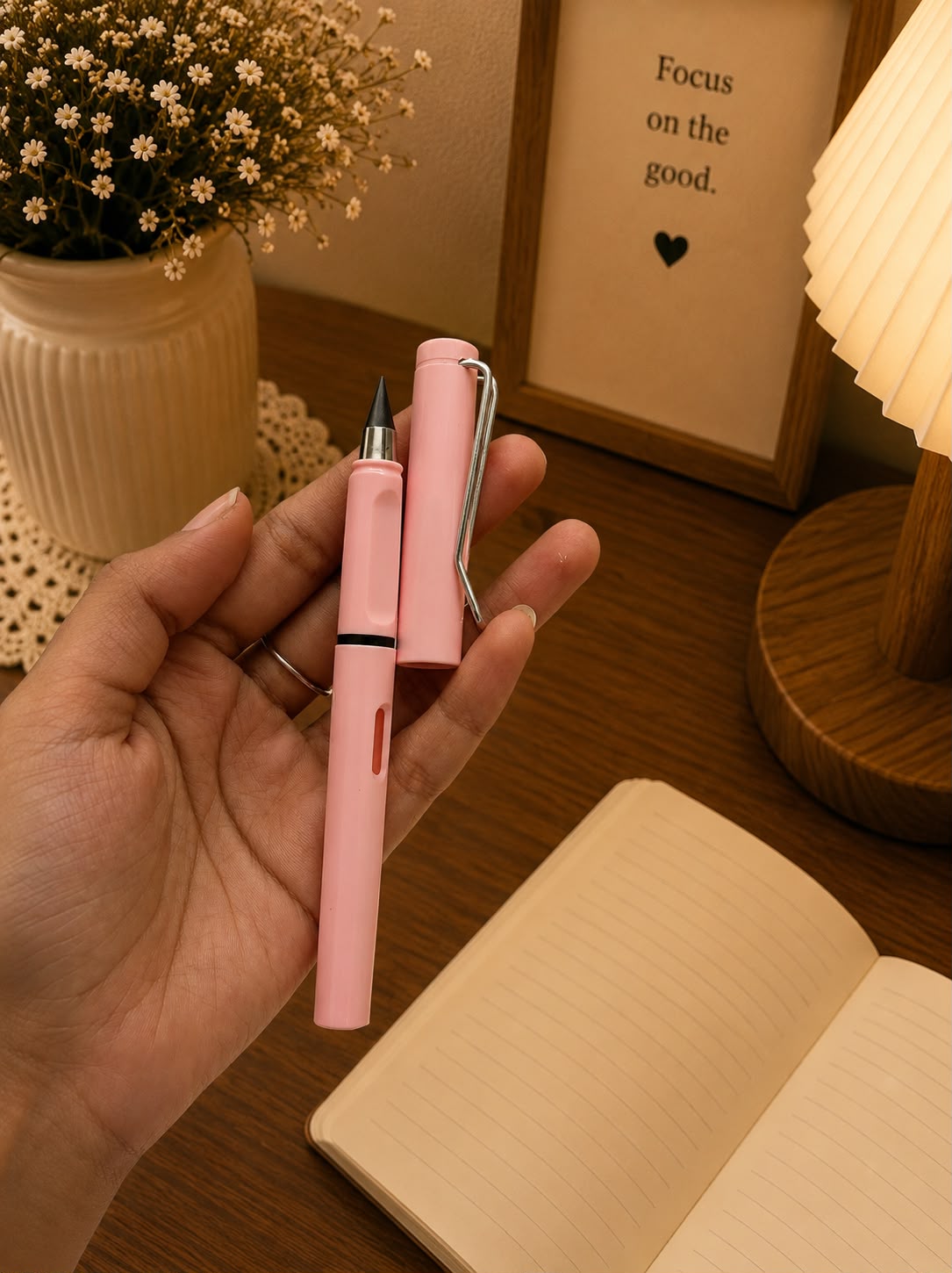 Premium 7-Piece Pink Stationery Kit | Gel Pen, 4-Color Pen, Highlighter, Correction Tape, Mini Cutter & Eraser