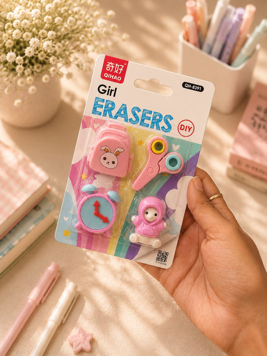 Cute DIY Cartoon Eraser Set | 3D Puzzle Erasers for Kids, School & Art | 4-Piece Pack