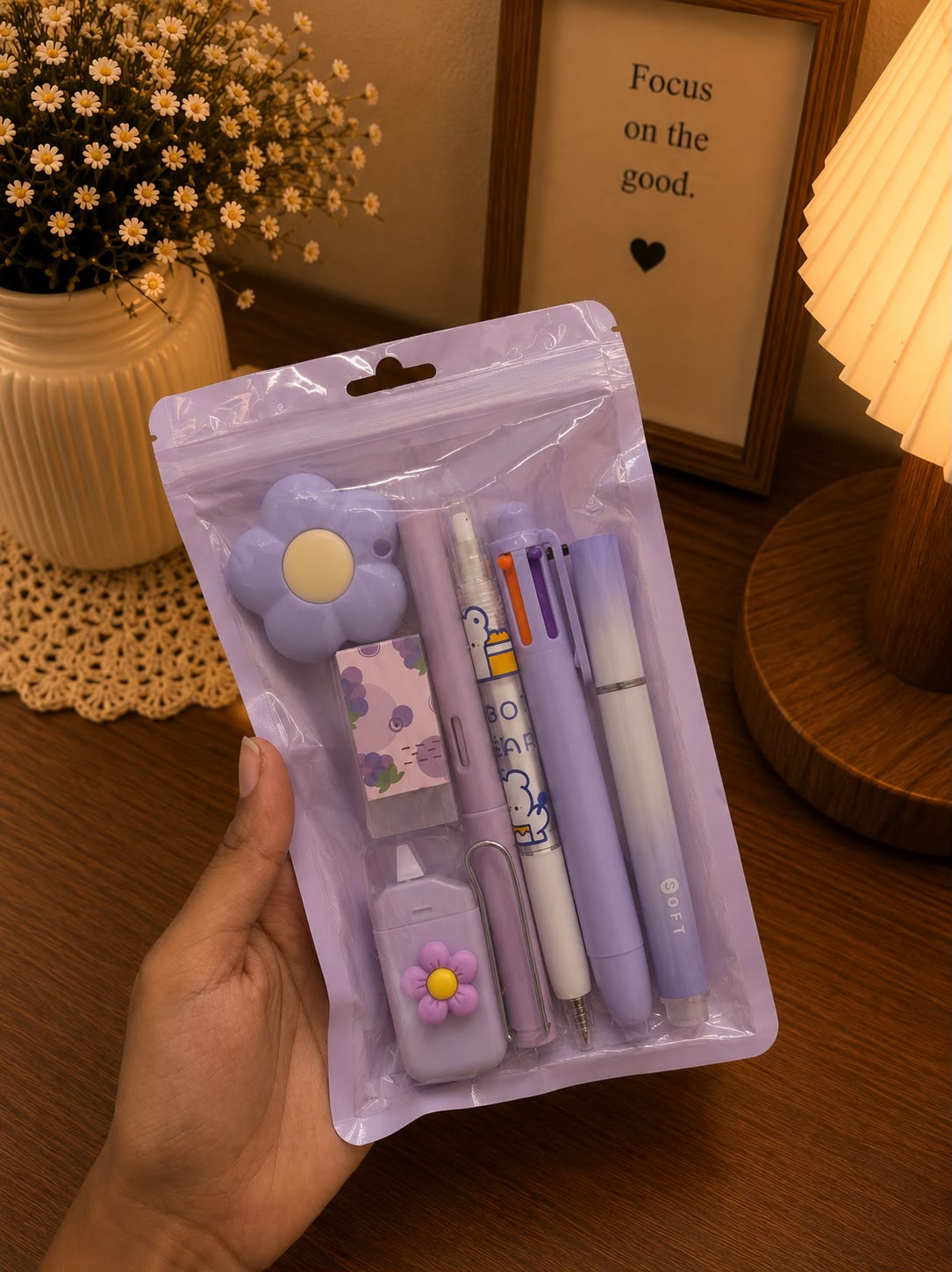 Premium 7-Piece Lavender Stationery Kit | Gel Pen, 4-Color Pen, Highlighter, Correction Tape, Mini Cutter & Eraser